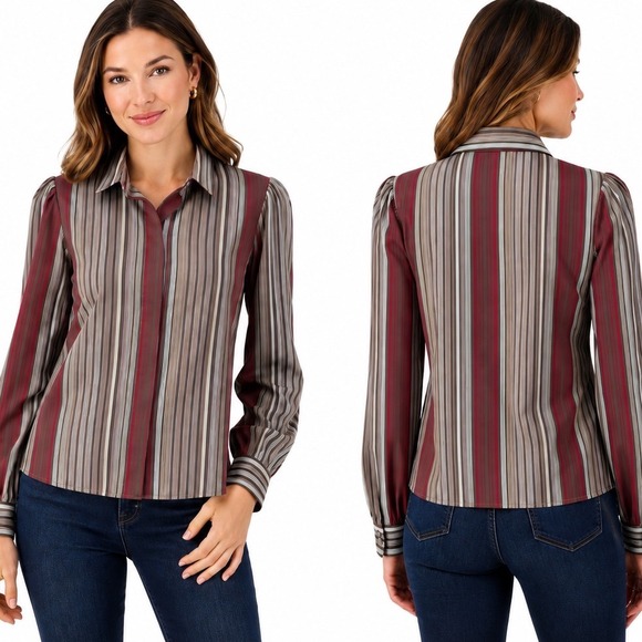 John Meyer Tops - Vintage John Meyer Striped Puff Sleeve Button Down Blouse Brown Red Size 12